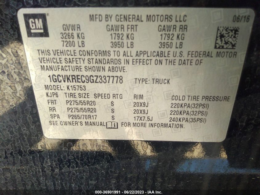2016 CHEVROLET SILVERADO 1500 LT - 1GCVKREC9GZ337778
