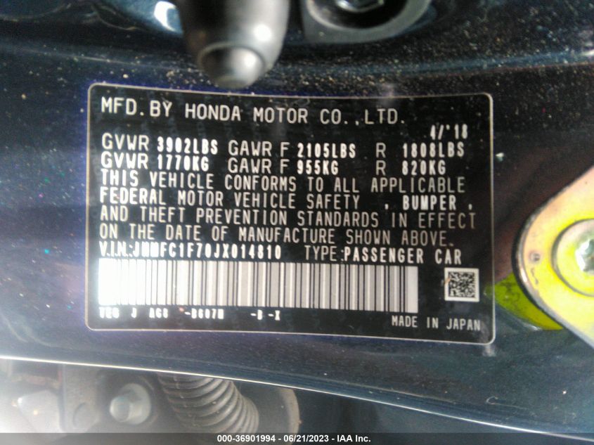 2018 HONDA CIVIC SEDAN EX-L - JHMFC1F70JX014810