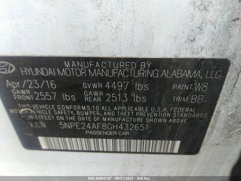 2016 HYUNDAI SONATA 2.4L SE - 5NPE24AF8GH432651