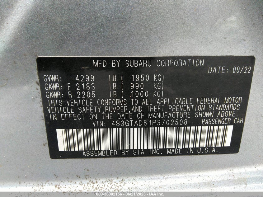 VIN 4S3GTAD61P3702508 2023 SUBARU IMPREZA PREMIUM