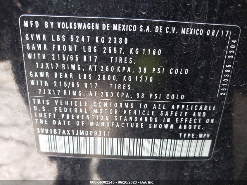VIN 3VV1B7AX1JM009311 2018 VOLKSWAGEN TIGUAN S