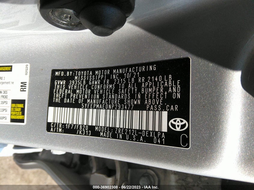 VIN 5YFEPMAE0NP293477 2022 TOYOTA COROLLA LE