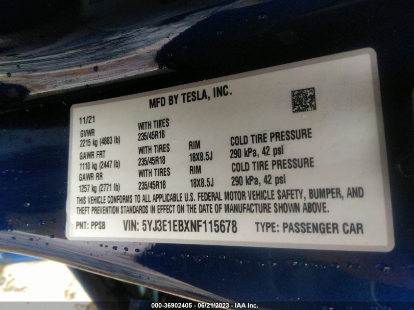 2022 TESLA MODEL 3 - 5YJ3E1EBXNF115678