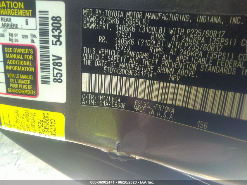 2014 TOYOTA SIENNA XLE/XLE AAS/LTD - 5TDYK3DC9ES417141