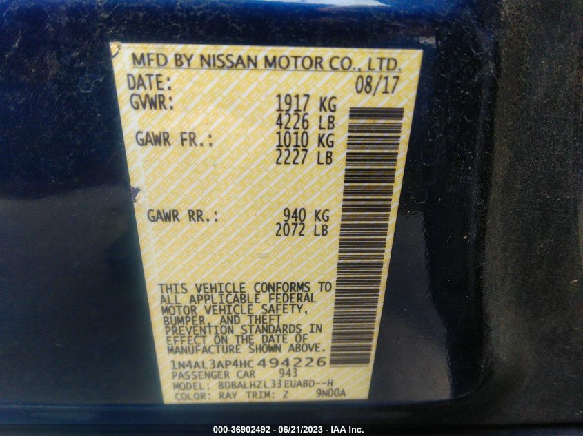 2017 NISSAN ALTIMA 2.5 - 1N4AL3AP4HL494226