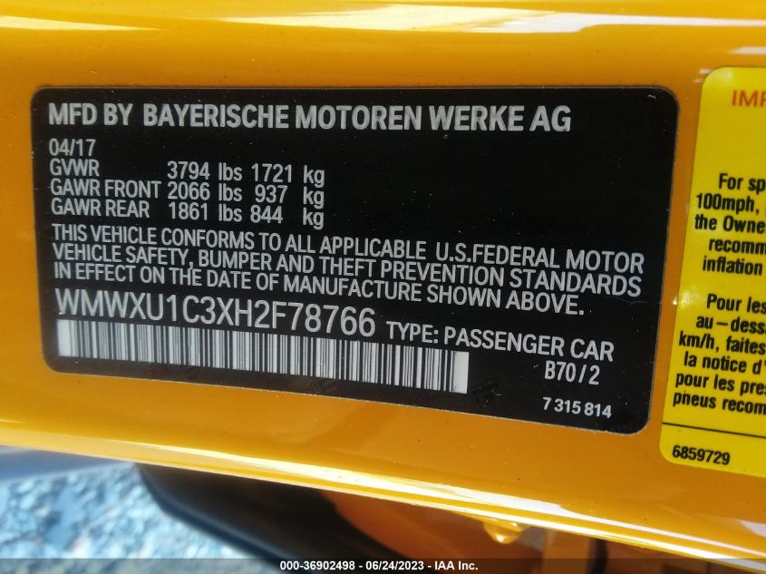 2017 MINI HARDTOP 4 DOOR COOPER WMWXU1C3XH2F78766