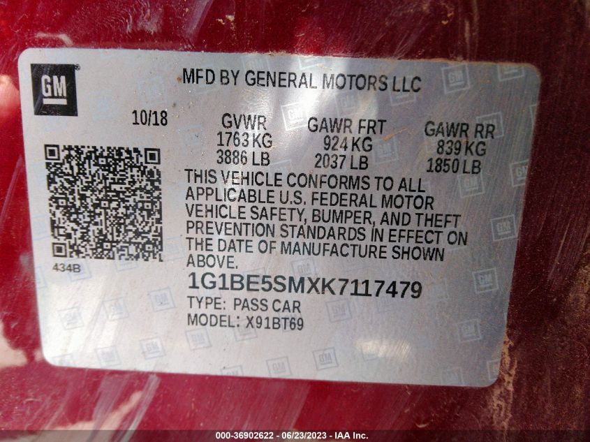 2019 CHEVROLET CRUZE LT - 1G1BE5SMXK7117479