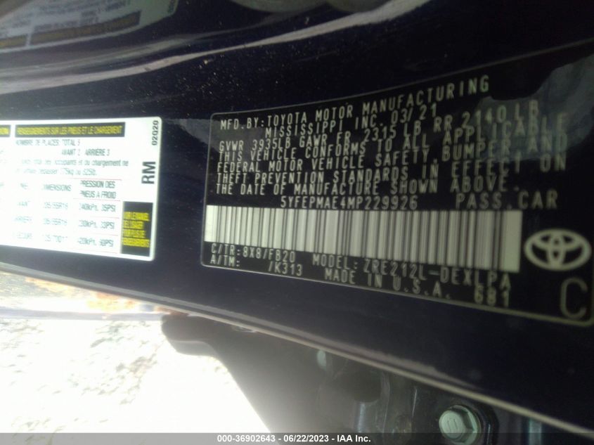 2021 TOYOTA COROLLA LE - 5YFEPMAE4MP229926