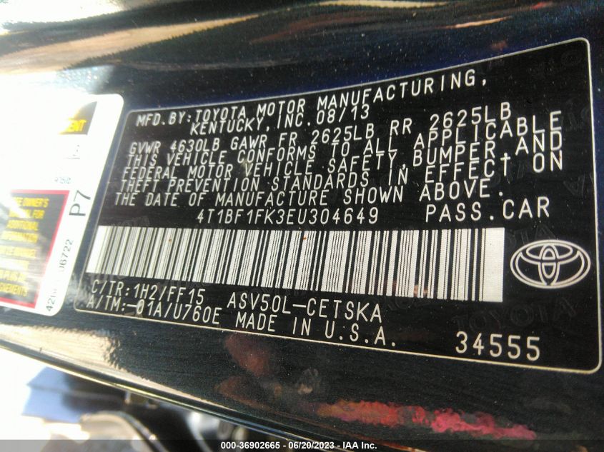 2014 TOYOTA CAMRY L/LE/XLE/SE/SE SPORT - 4T1BF1FK3EU304649