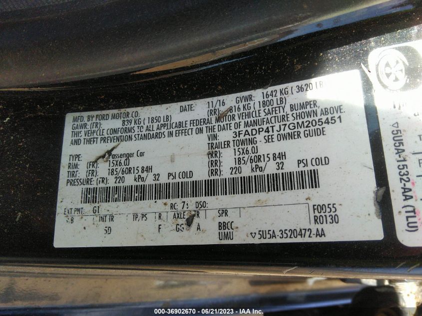 2016 FORD FIESTA S - 3FADP4TJ7GM205451