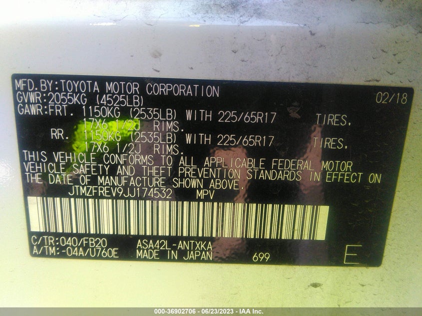VIN JTMZFREV9JJ174532 2018 TOYOTA RAV4 LE