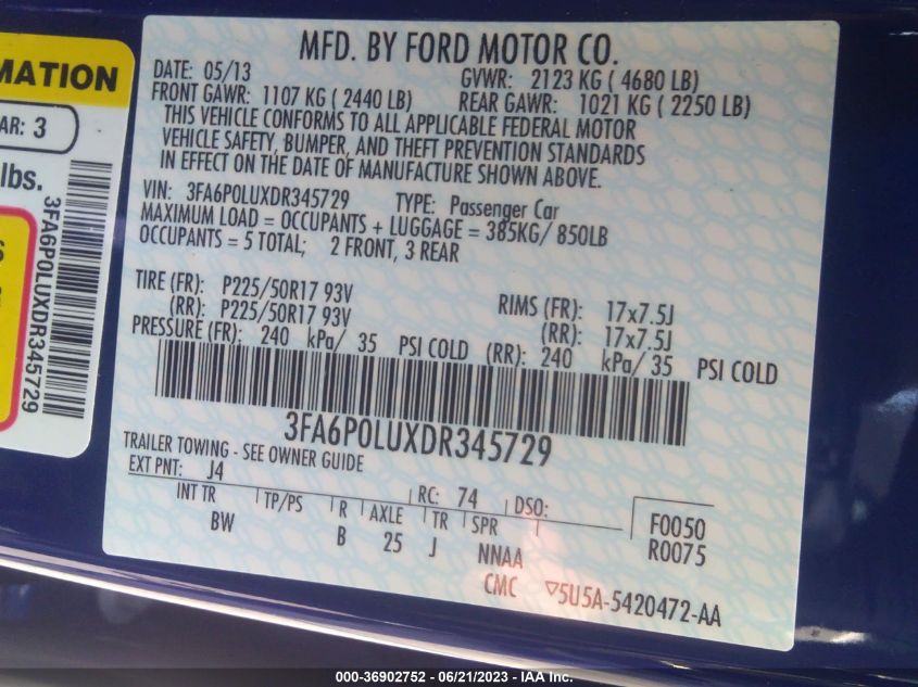 2013 FORD FUSION SE HYBRID - 3FA6P0LUXDR345729