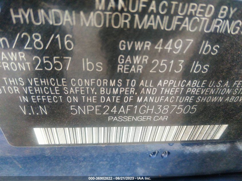 2016 HYUNDAI SONATA 2.4L SE - 5NPE24AF1GH387505