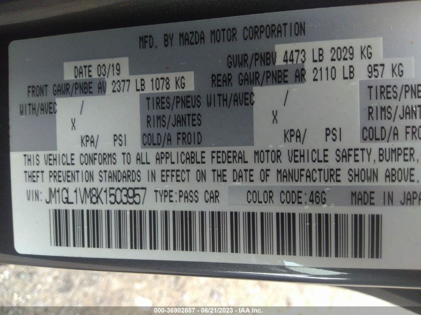 2019 MAZDA MAZDA6 TOURING - JM1GL1VM8K1503957