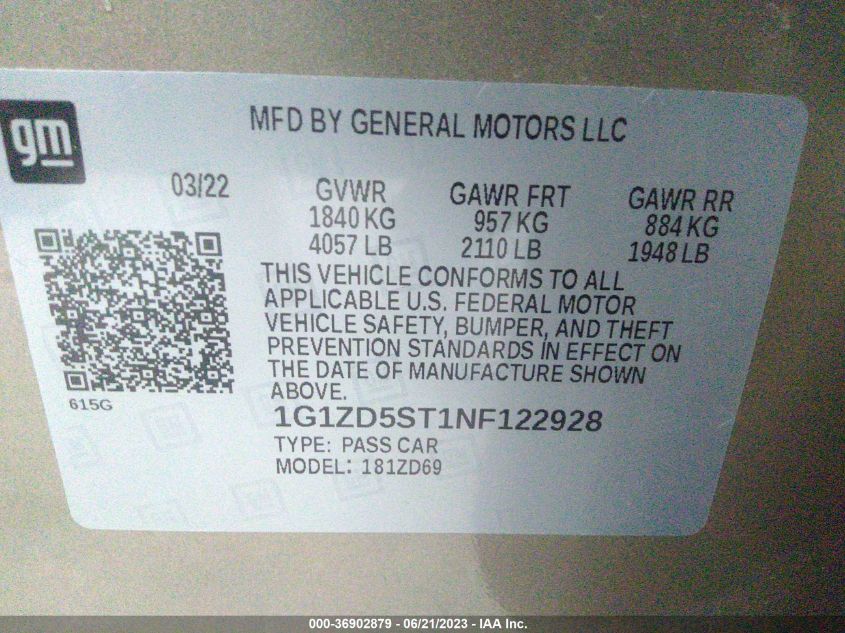 2022 CHEVROLET MALIBU LT - 1G1ZD5ST1NF122928