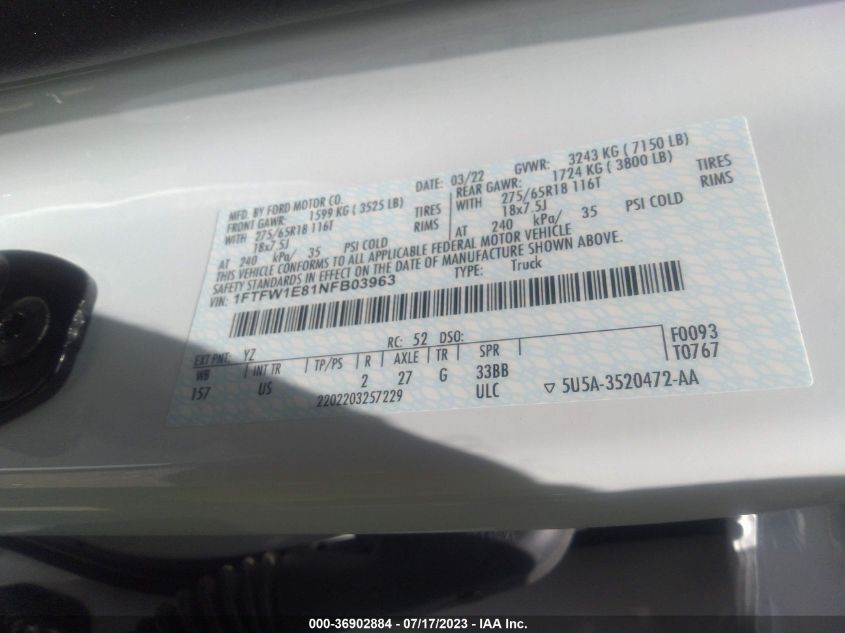 2022 FORD F-150 XL/XLT/LARIAT - 1FTFW1E81NFB03963