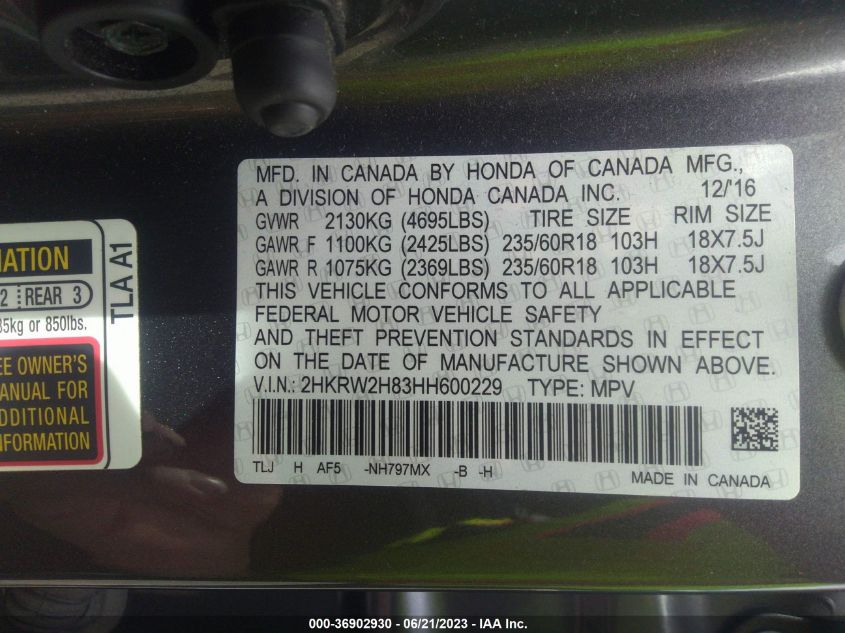 2017 HONDA CR-V EX-L - 2HKRW2H83HH600229