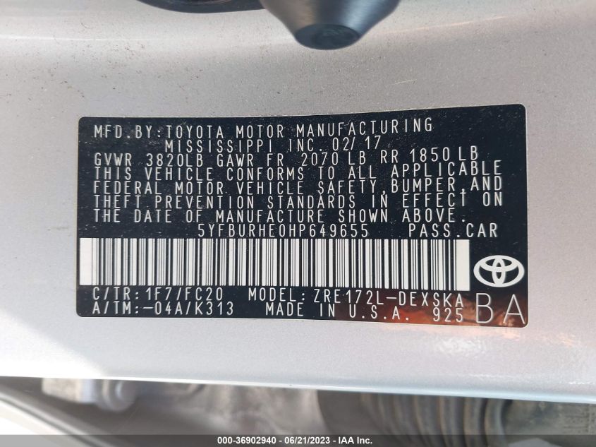 2017 TOYOTA COROLLA L/LE/XLE/SE - 5YFBURHE0HP649655