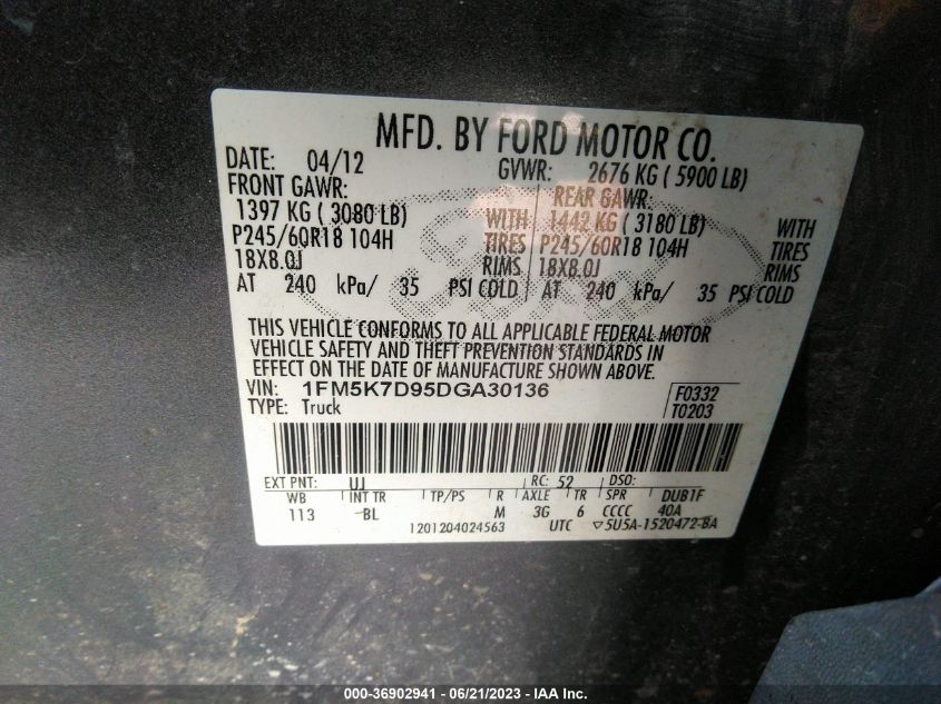 2013 FORD EXPLORER XLT - 1FM5K7D95DGA30136