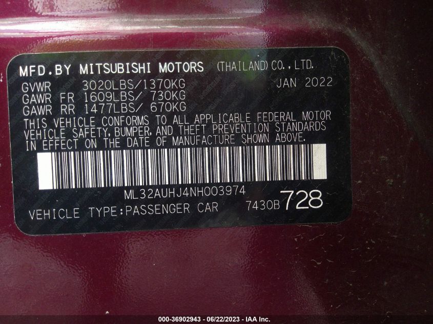 2022 MITSUBISHI MIRAGE ES/LE - ML32AUHJ4NH003974