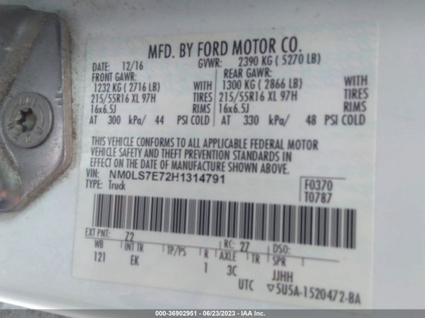 2017 FORD TRANSIT CONNECT VAN XL NM0LS7E72H1314791