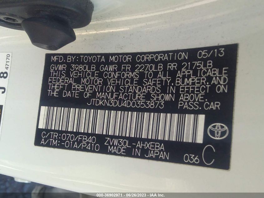 2013 TOYOTA PRIUS ONE/TWO/THREE/FOUR/FIVE - JTDKN3DU4D0353873