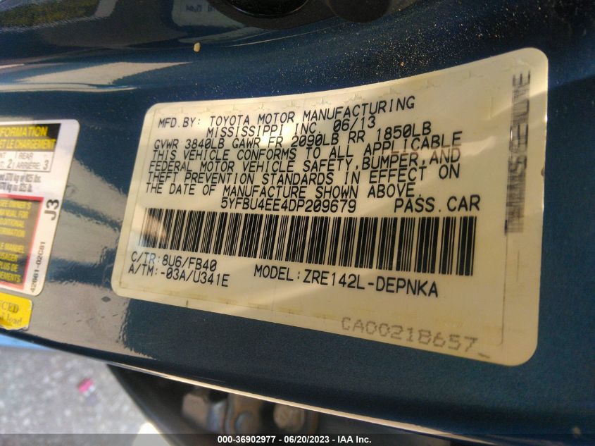 2013 TOYOTA COROLLA L/LE/S - 5YFBU4EE4DP209679