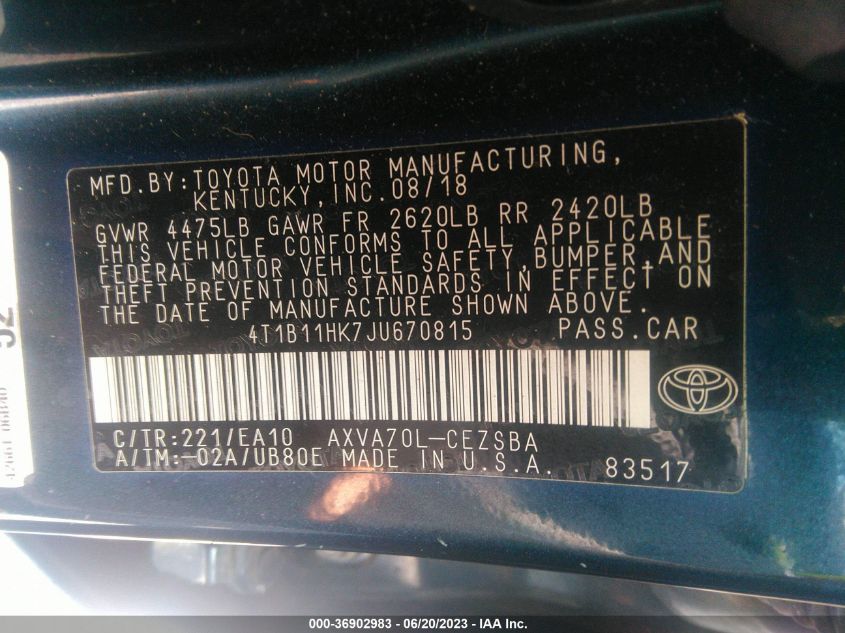 2018 TOYOTA CAMRY LE/SE/XLE/L - 4T1B11HK7JU670815