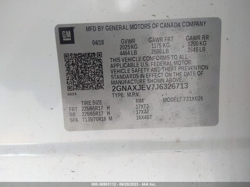 2018 CHEVROLET EQUINOX LT - 2GNAXJEV7J6326713