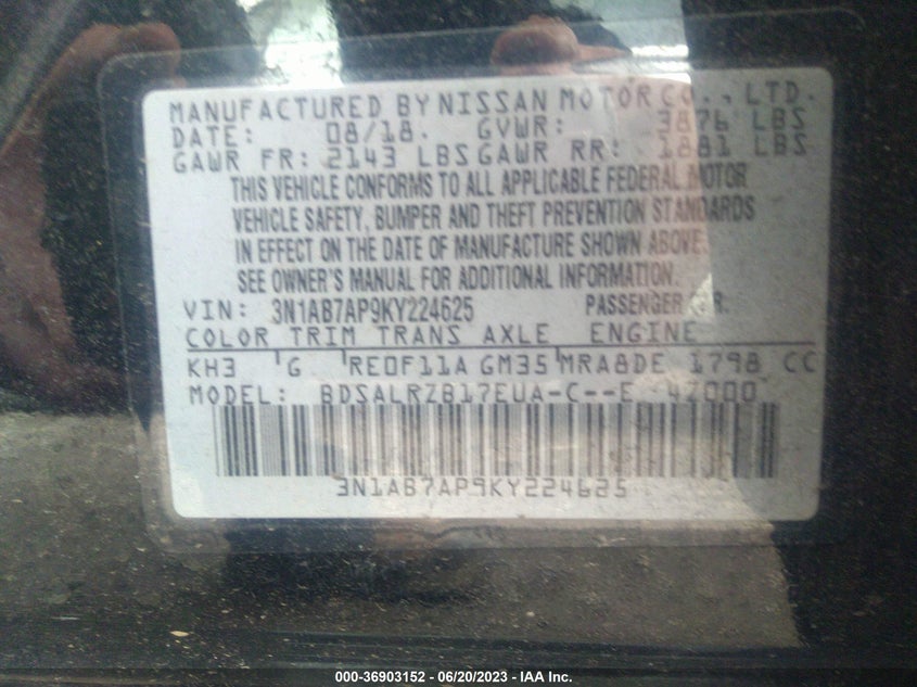 VIN 3N1AB7AP9KY224625 2019 NISSAN SENTRA SR