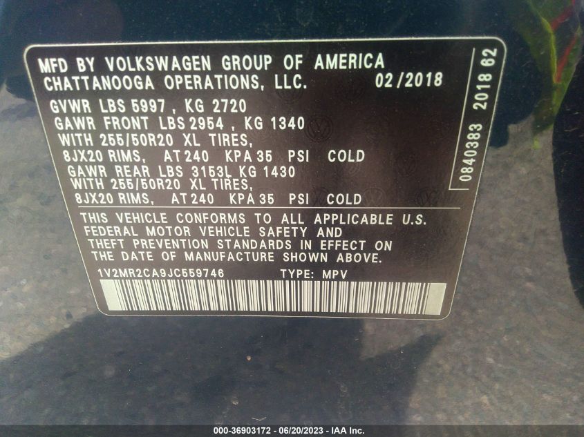 2018 VOLKSWAGEN ATLAS 3.6L V6 SEL - 1V2MR2CA9JC559746