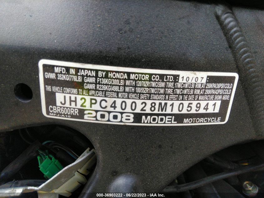 2008 HONDA CBR600 RR - JH2PC40028M105941