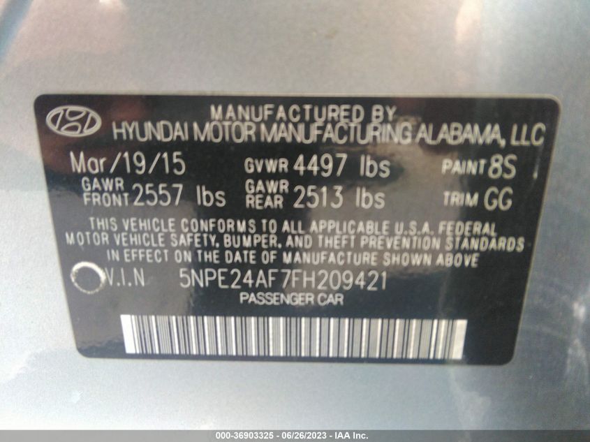 2015 HYUNDAI SONATA 2.4L SE - 5NPE24AF7FH209421