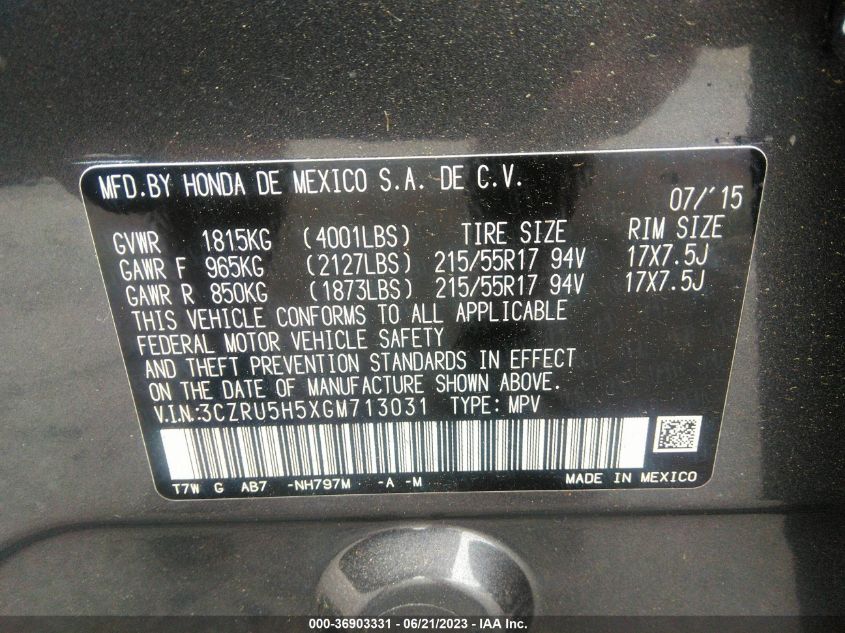 2016 HONDA HR-V EX - 3CZRU5H5XGM713031