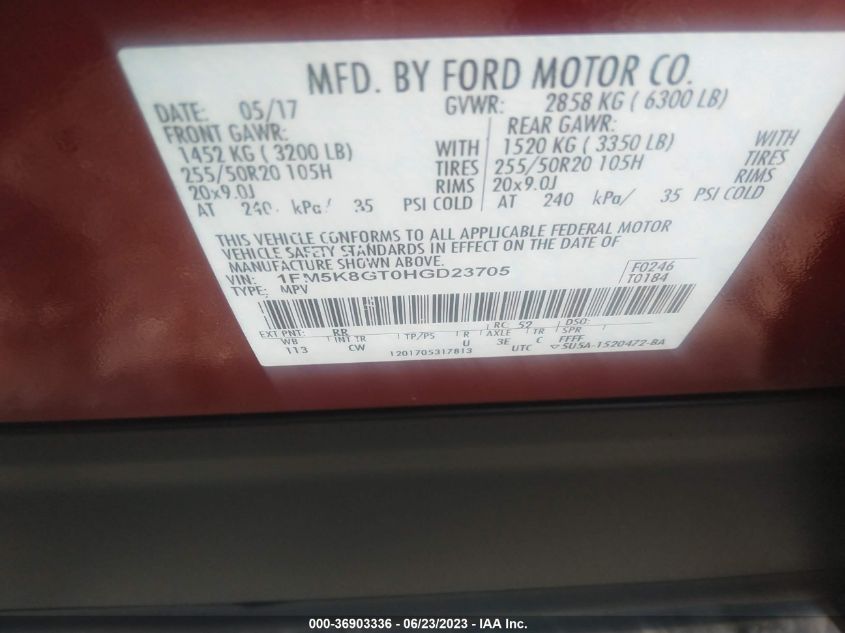 2017 FORD EXPLORER SPORT - 1FM5K8GT0HGD23705