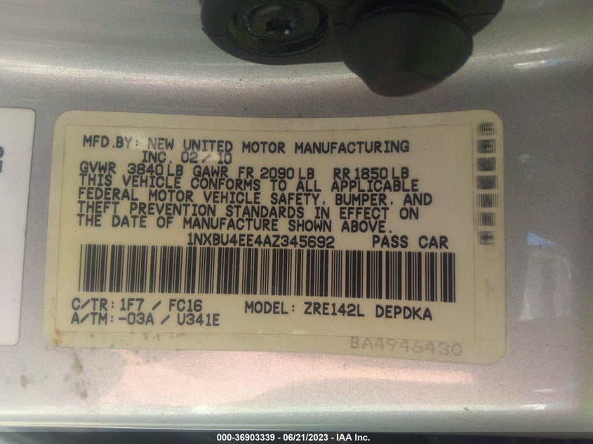 2010 TOYOTA COROLLA VIN: 1NXBU4EE4AZ345692