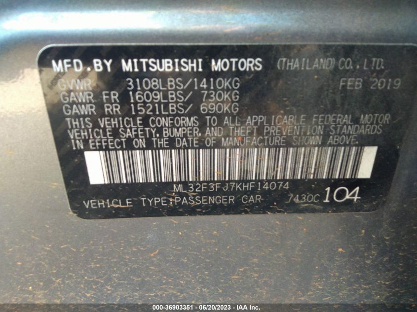 2019 MITSUBISHI MIRAGE G4 ES/RF - ML32F3FJ7KHF14074