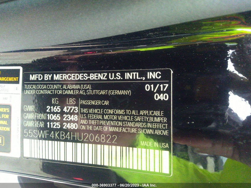 VIN 55SWF4KB4HU206822 2017 MERCEDES-BENZ C-CLASS C 300