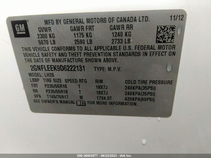 2013 CHEVROLET EQUINOX LT - 2GNFLEEK9D6222131