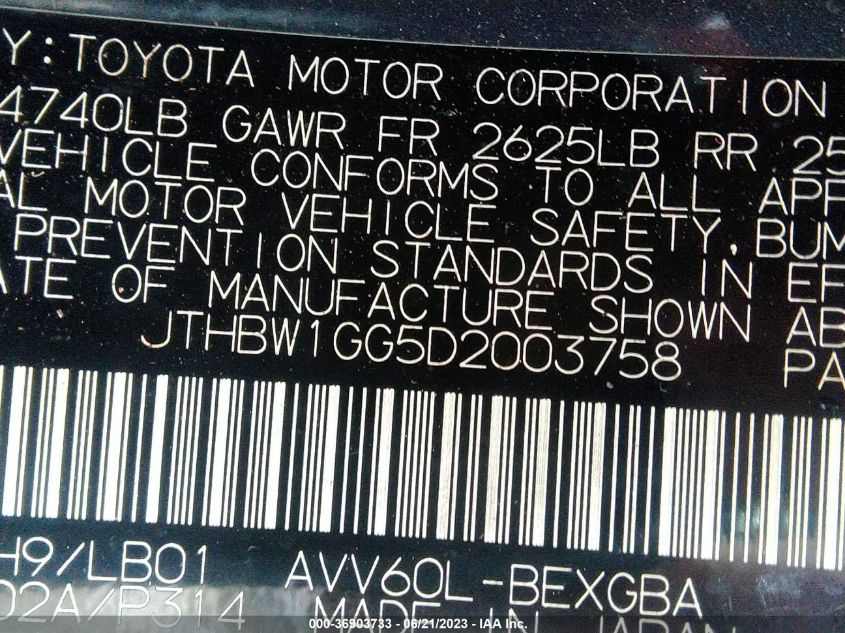2013 LEXUS ES 300H JTHBW1GG5D2003758