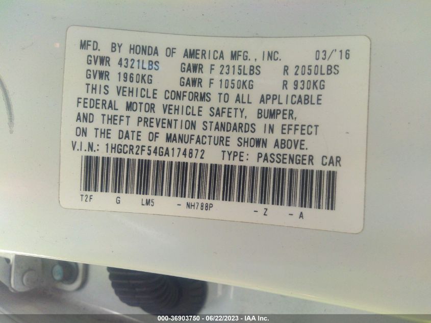 2016 HONDA ACCORD SEDAN SPORT - 1HGCR2F54GA174872