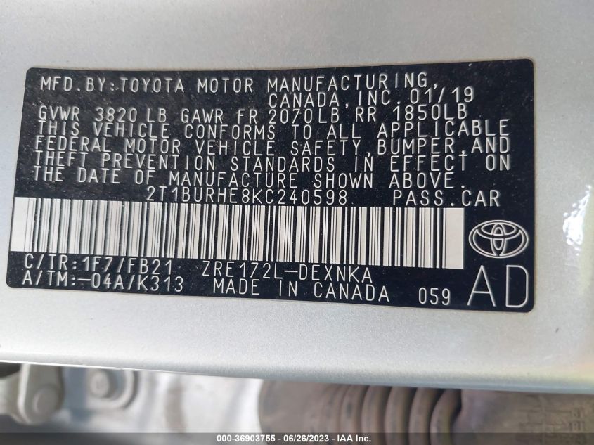 2019 TOYOTA COROLLA L/LE/SE/XLE/XSE - 2T1BURHE8KC240598