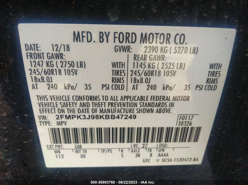 2FMPK3J98KBB47249 2019 FORD EDGE, photo no. 9