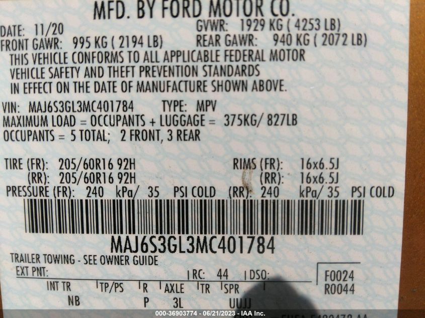 2021 FORD ECOSPORT SE - MAJ6S3GL3MC401784