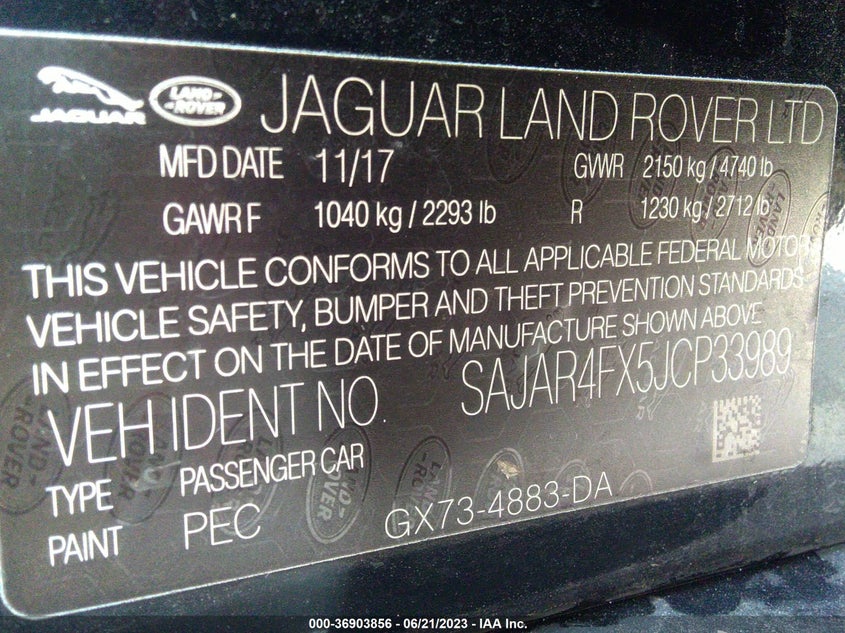 VIN SAJAR4FX5JCP33989 2018 JAGUAR XE