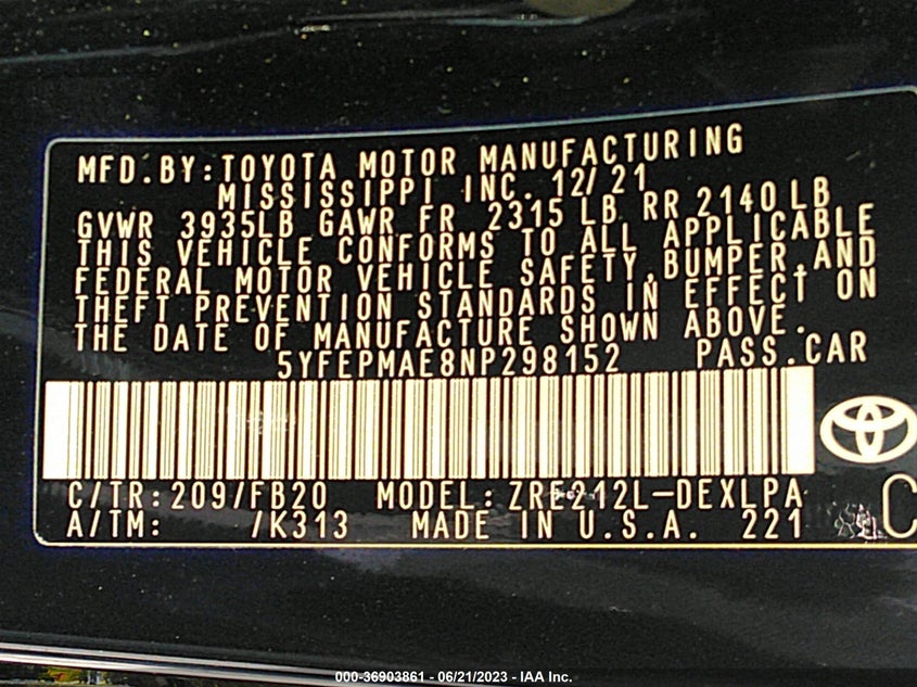 VIN 5YFEPMAE8NP298152 2022 TOYOTA COROLLA LE