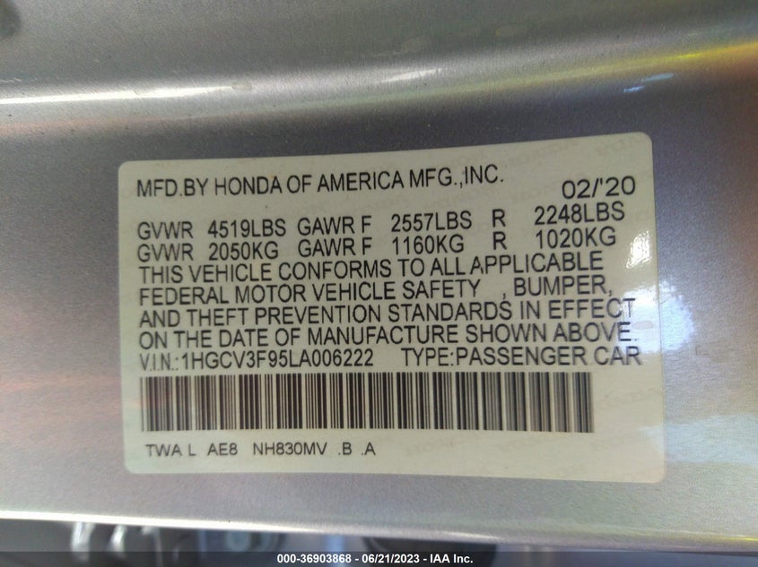 VIN 1HGCV3F95LA006222 2020 HONDA ACCORD HYBRID TOURING