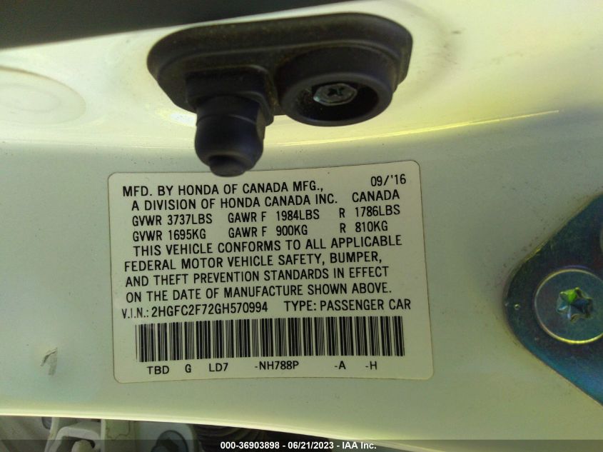 2016 HONDA CIVIC SEDAN EX - 2HGFC2F72GH570994