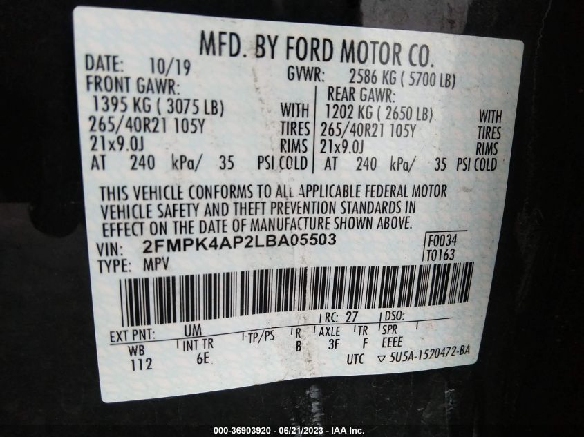 2FMPK4AP2LBA05503 2020 FORD EDGE, photo no. 9