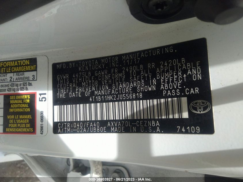 2018 TOYOTA CAMRY L/LE/XLE/SE/XSE - 4T1B11HK2JU556818